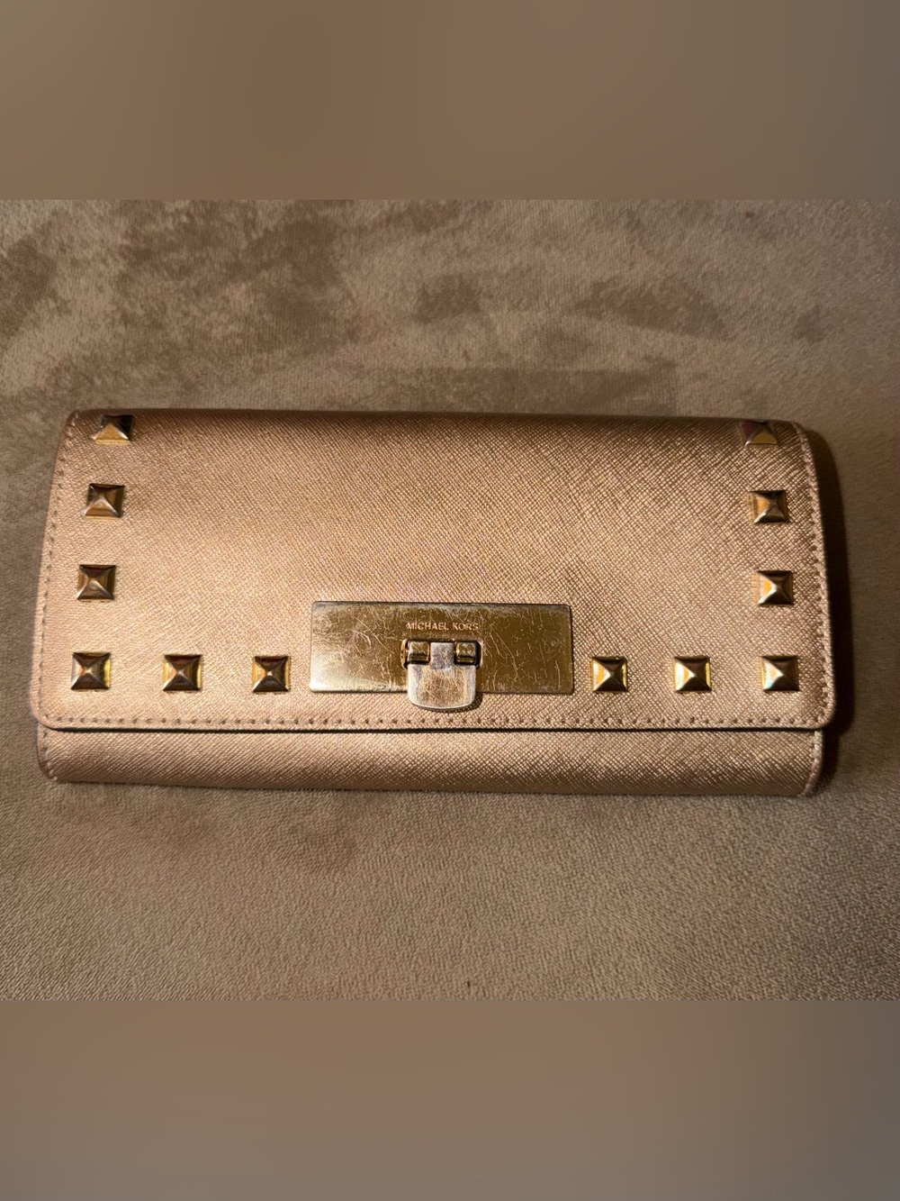 Michael Kors Metallic Gold Saffiano Leather Flap Wallet with Pyramid Studs